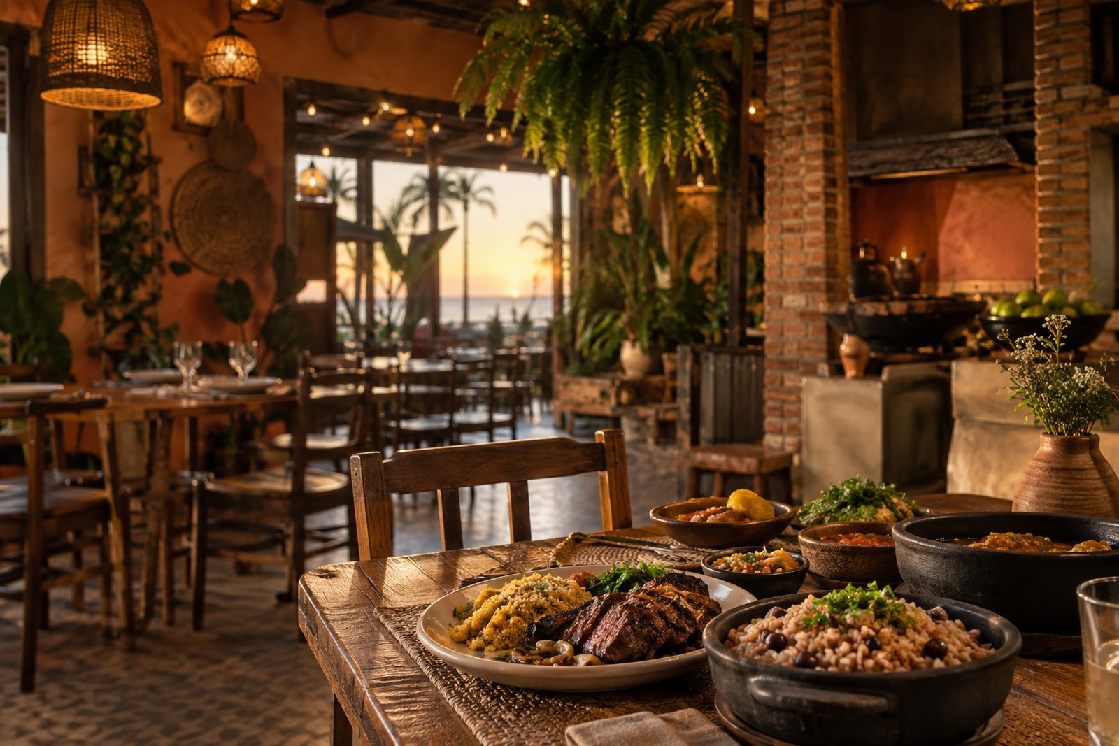 Ambiente aconchegante do restaurante Sabor da Terra ao pôr do sol em Fortaleza